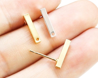 Bar Stick Ear Posts, Real Gold Plated, Square Stick Earring Studs, Earrings Making, 12.3mm, Jewelry Supplies -GS219