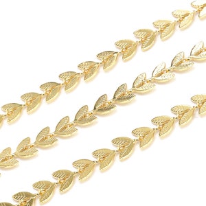 Gold Leaf Chain, Dainty Curb Chains, Tiny Leaves Chain, Chevron Brass Chains, Bracelet Chains, Gold Tone, 6mm, Jewelry Making - CG17