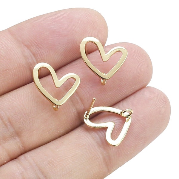 Heart Stud EarringS, Heart Earring Posts, Earring Connector, Brass Earrings, Real Gold Plated, Jewelry Making - GS192