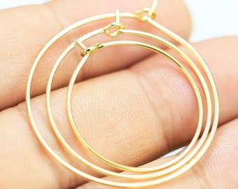 Wine Glass Charm Hoop, DIY Round Ring, Ear Wire, Earring Hooks, Jewelry Supply, Real Gold Plated, 20mm 25mm 30mm 35mm 40mm 50mm 60mm -GH300