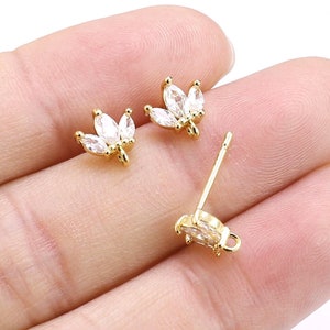 CZ Leaves Earring Stud, Dainty Earring Post, Earrings Making, Jewelry Supplies, Real Gold Plated - GS223