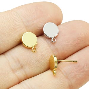 Round Earring Posts, Round Brass Ear Studs, Earrings Making, Jewelry Supplies, 10.6x8mm, Real Gold Plated -GS268