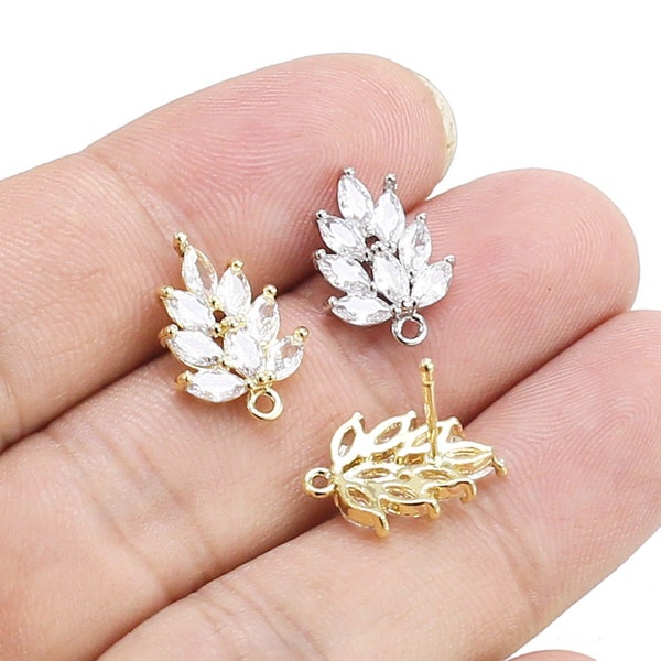 CZ Leaves Earring Studs, Leaf Stud Earrings, Sterling silver Earring post, Jewelry Supplies, Real Gold Plated - GS064 GS088