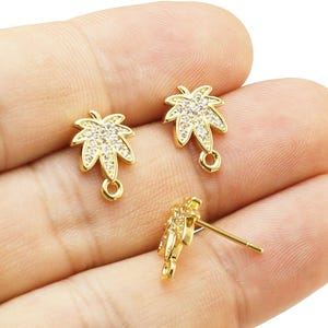 Maple Leaf Earring Posts, CZ Leaf Ear Studs, Earrings Making, Real Gold Plated, 13.5x9.8mm, Jewelry Supplies -GS269
