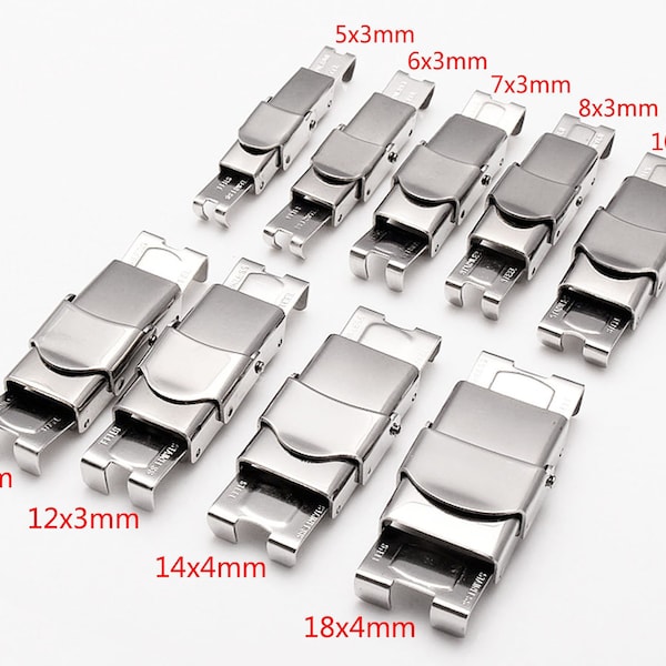 Bracelet de montre en acier inoxydable, 5 pièces, fermoir griffe, fermoir plat en cuir, 5 x 3 mm 6 x 3 mm 8 x 3 mm 10 x 3 mm 12 x 3 mm 14 x 4 mm 18 x 4 mm, fermeture de bracelet en silicone