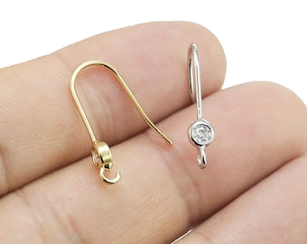 Round CZ Earring Wires, Simple Earring Hooks, Earrings Making, Brass Ear Wire, 19mm, Real Gold Plated, Jewelry Supplies - GH995