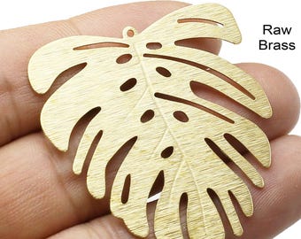Monstera Leaf Pendant, Textured Leaf Charm, DIY Ornament, 45x43mm, Raw Brass Earring Findings, Necklace Pendant, Jewelry Supplies -R946