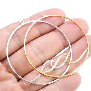 Round Circle Earring Charm, Sea Wave Round Pendant, Marine Ocean, Necklace Pendant, Real Gold Plated, 53.5x51mm, Jewelry Supplies -G251