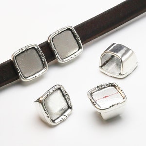 10pcs - Licorice Leather Sliders, 10x6mm Leather Findings, Bracelet Making, Big Hole Metal Beads, Blank Square Cabochon Setting - LF82