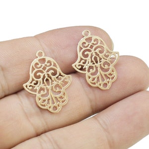 Hamsa Hand Charm, Filigree Earring Charms, Metal Hand, Brass Charm For Jewelry Making, Gold Tone, Earring Findings, 23.5x18.3mm - RP271