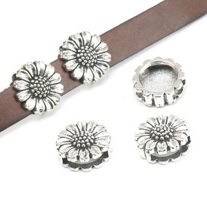 10pcs  Flower Leather Sliders, Daisy Beads, 12x2mm, Flat Leather Findings, Leather Bracelet Making -FF100