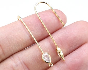 Teardrop Zircon Earring Wires, Long Earring Hooks, Earrings Making, Brass Ear Wire, Real Gold Plated, Jewelry Supplies -GH994