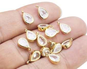 CZ Teardrop Charms, Drop Charm For Jewelry Making, Dainty Earring Charms, Cubic Zirconia, Open Bails, Real Gold Plated - G200 G202