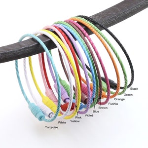 May include: Assortment of colorful metal cable keychains in various colors including black, green, orange, fuchsia, brown, blue, violet, pink, yellow, white, and turquoise.