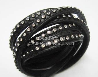 6x2mm Leather Cord, Rhinestone Leather Strip, 6mm Black Leather Lace, Leather Bracelet Making