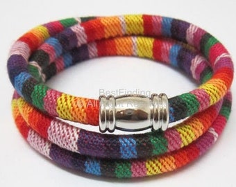 Rainbow mixed Fabric ethnic cord Neon Stitched cotton cord Textile embroider cord