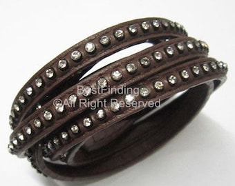 6x2mm Leather Cord, Rhinestone Leather Strip, 6mm Brown Leather Lace, Leather Bracelet Making