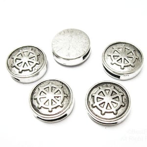 10pcs 10mm Flat Leather Sliders, Helm Symbol Beads, Round Metal Spacers, 10x2mm, Leather Bracelet Making -FF35