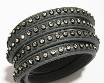 6x2mm Leather Cord, Rhinestone Leather Strip, Dark Grey, 6mm Leather Lace, Leather Bracelet Making - 0.8meter