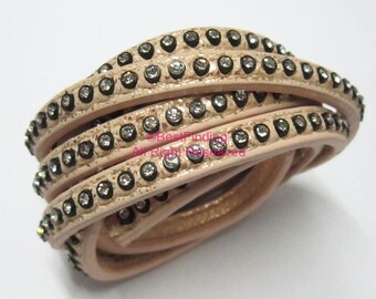 6x2mm Leather Cord, Rhinestone Leather Strip, Metallic Beige, 6mm Leather Lace, Leather Bracelet Making