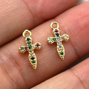 Tiny cross charm, Neon zircon earring charms, Earring findings,  Huggie hoop earrings, bracelet pendant, Real Gold plated G048