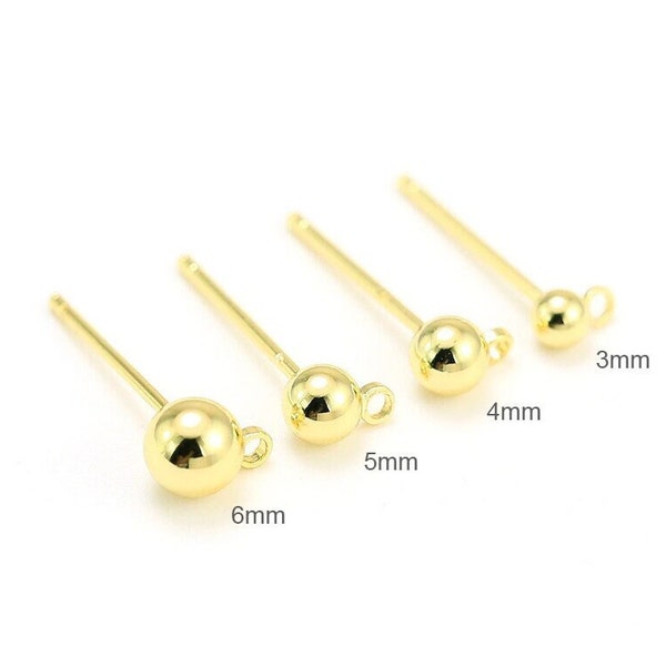 Gold Ball Ohrring Post, Ohrstecker mit Schlaufe, Ohrringe machen, Schmuckzubehör, 6mm 5mm 4mm 3mm, echt vergoldet - GS045 GS046 GS047