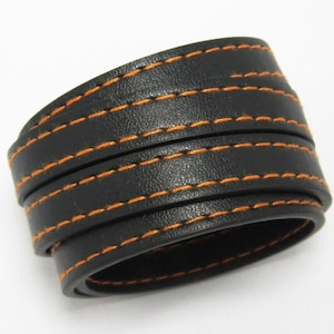 10mm Leather cord, Black leather, orange wire stitched, 10x2mm flat leather strips