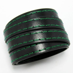 10mm Leather cord, Leather bracelet making, Black leather with green wire stitched, 10x2mm flat leather strips