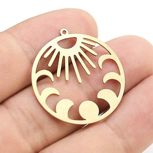 Moon Phase Earring Charms, Brass Sun Moon Pendant, Earring Findings, Round Circle Charms, 32x29.8mm, Jewelry Making - R1509