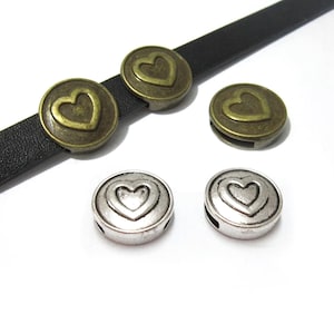 10pcs 10mm Leather Slider, Heart symbol beads, Leather bracelet making, 10x2mm, Flat leather findings, Jewelry Supplies -FF13