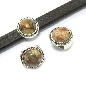 5pcs - Licorice Leather Slider, 10x6mm Leather Findings, Picture Stone cabochon, Leather Bracelet Making