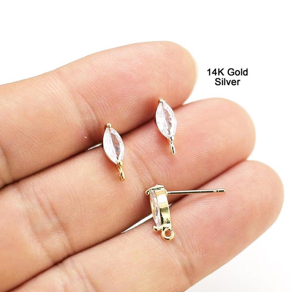 Marquise Zircon Earring Posts, Earring Studs, Earrings Making, Jewelry Supplies, 12x4mm, Real Gold Plated -GS108 GS036