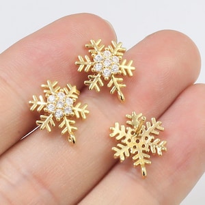 Snowflake Earring Post, Christmas Earrings Making, Zircon Earring Post, Silver Needle, Jewelry Supplies, Real Gold Plated- GS114 GS153