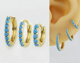 Dainty Turquoise Hoop Earrings, Stacking Earring Sets, Small Huggie Hoops, Circle Cartilage Earring, Real 14K gold plated GH032 GH033 GH034