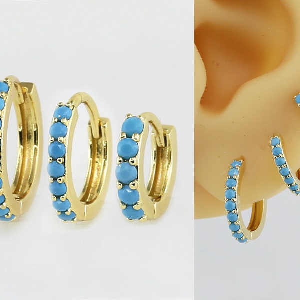 Dainty Turquoise Hoop Earrings, Stacking Earring Sets, Small Huggie Hoops, Circle Cartilage Earring, Real 14K gold plated GH032 GH033 GH034