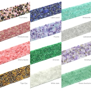 May include: A collection of gemstone bead strands, including tourmaline, lapis lazuli, amazonite, rhodochrosite, fluorite, labradorite, cherry quartz, emerald, amethyst, tiger eye, white jade, and green aventurine. Each strand is a different color.