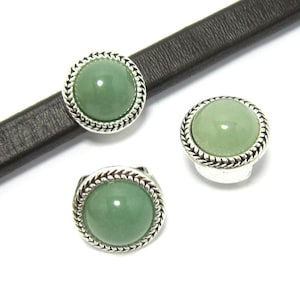5pcs - Licorice Leather Slider, 10x6mm Leather Findings, Green aventurine cabochon, Leather Bracelet Making