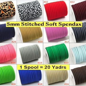 May include: Assortment of 5mm stitched soft spendax in various colors, including black, brown, beige, gray, pink, green, blue, red, and white. Each spool contains 20 yards of cord.  "5mm Stitched Soft Spendax" and "1 Spool = 20 Yards" are printed on the image.