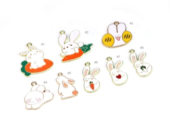 Enamel Bunny Charm, Easter Rabbit Pendant, Gold Tone Trumpet Rabbit, Earring Charms, Necklace Pendant, , Jewelry Making - DY05