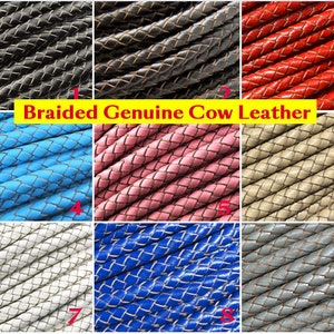 May include: Nine different colours of braided genuine cow leather cord. The colours are black, brown, red, blue, pink, beige, white, dark blue, and grey.