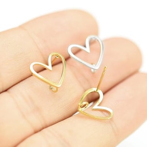 Heart Earring Studs, Heart Earring Posts, Earring Connector, Brass Earrings, Real Gold Plated, Jewelry Making - GS074