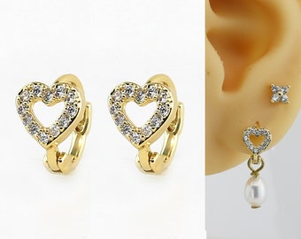 8mm CZ Heart Hoop Earrings, Dainty Hoop Earrings, Gold Huggie Hoops, Real 14K Gold Plated, Clip On Earrings Hoop - GH080