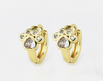 Cat Paw Ear Hoops, CZ Paw Print Earrings, Earring Findings, Animal Earring Hoops, Real Gold Plated, Jewelry Supplies - GH078