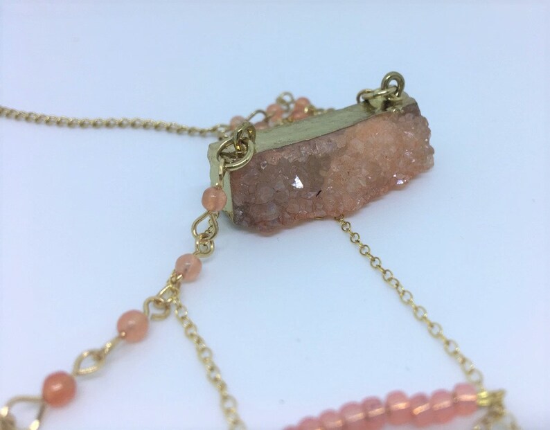 Coral peach druzy triple strand layered necklace