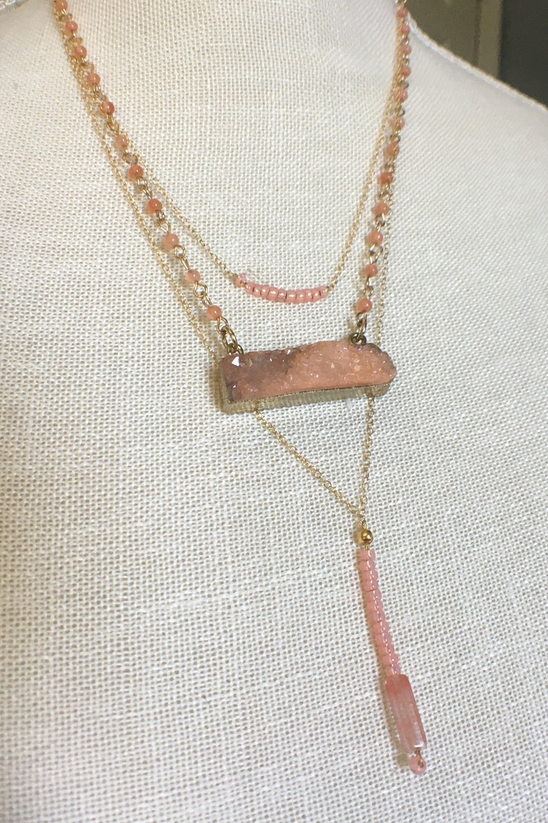 Coral peach druzy triple strand layered necklace