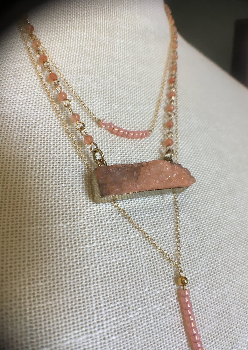 Coral peach druzy triple strand layered necklace