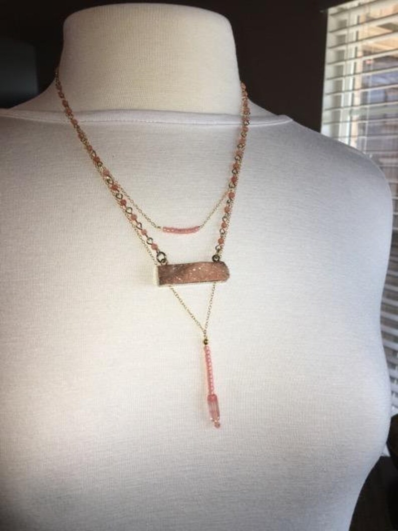Coral peach druzy triple strand layered necklace