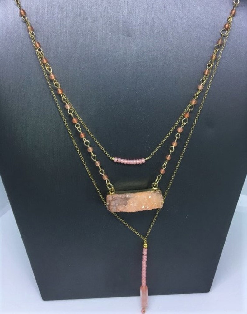 Coral peach druzy triple strand layered necklace