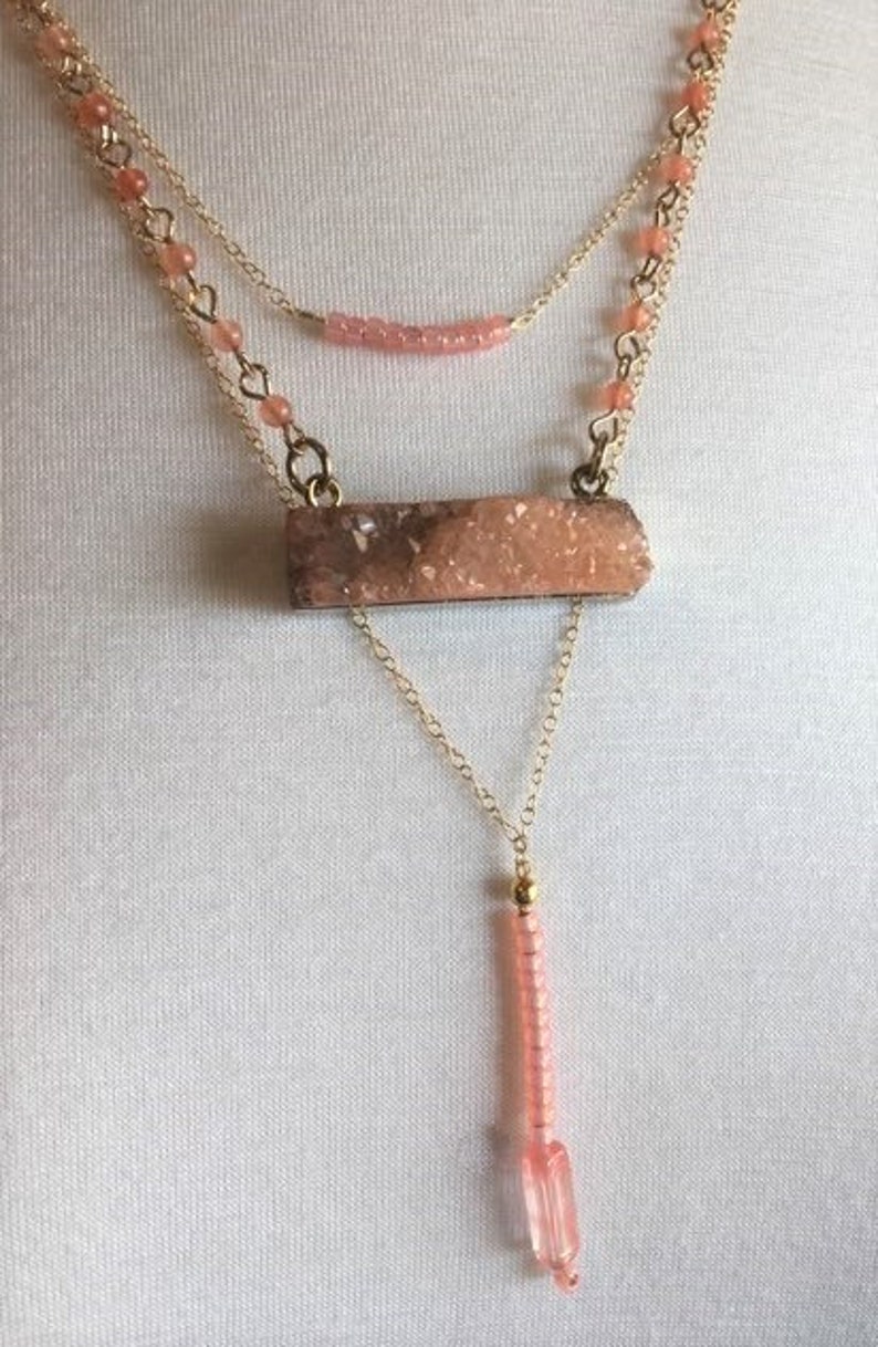 Coral peach druzy triple strand layered necklace