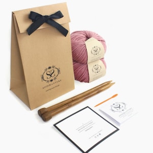 Luca Hand-Knit Yarn Kit  Pink Pompom stormy grey stone teal 100% virgin wool dusty rose BAMBOO NEEDLES beginner yarb knit kit fun gift kit